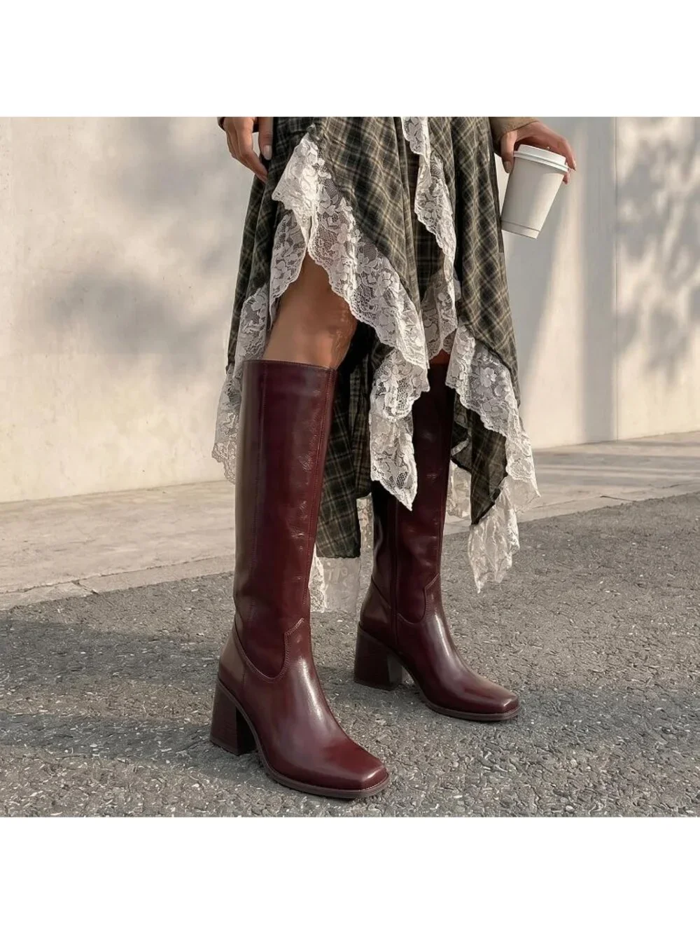 Women's Burgundy Chunky Block Heel Square Toe Side Zipper Knee High Boots